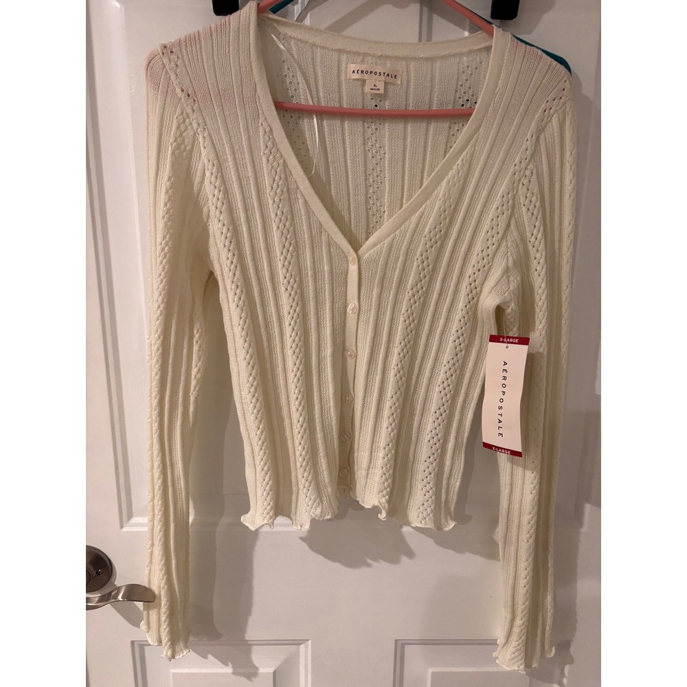 Aeropostale Y2K Cropped Cardigan Sweater Cream XL Button Front‎ Textured Knit